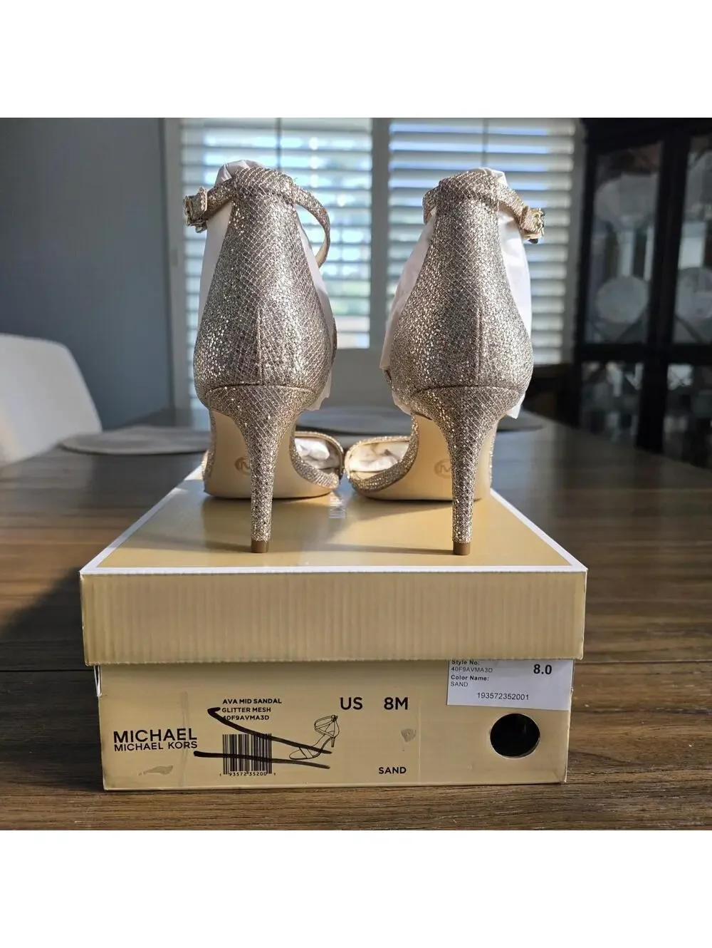Michael Michael Kors Ava Mid Sandal Glitter Heels Silver/Sand Women’s Sz 8 NIB